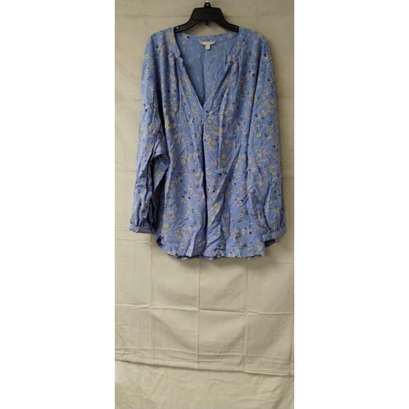 Woman Within Womens Blouse Button Front V-Neck Long Sleeve Floral Blue Yellow 5X - Picture 1 of 8